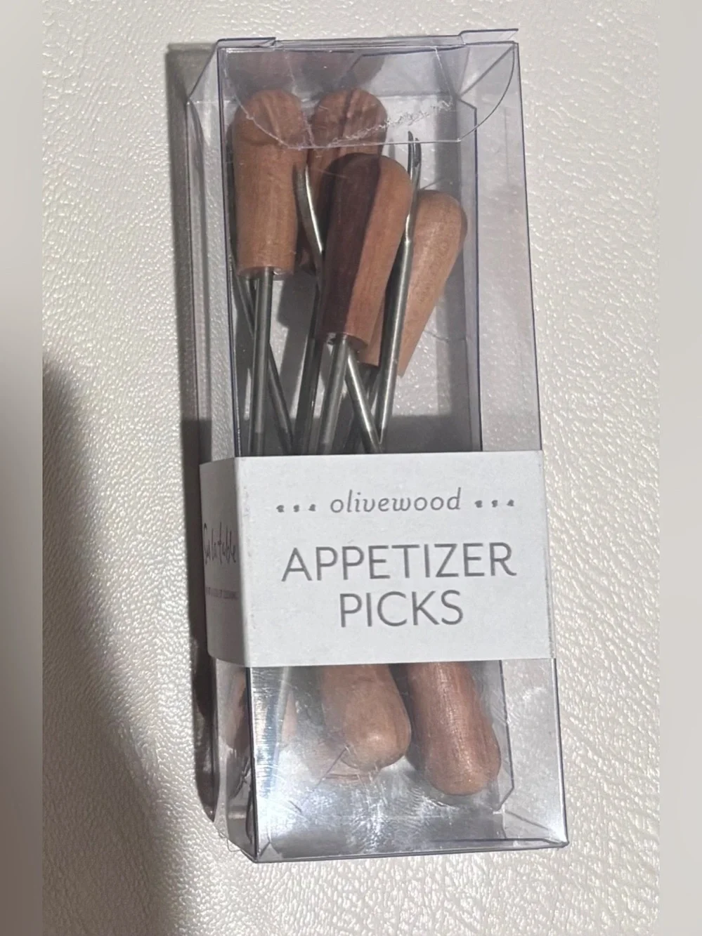 NWT “Sur La Table” (8) Olive Wood Handle w/ stainless steel DBL pronged picks